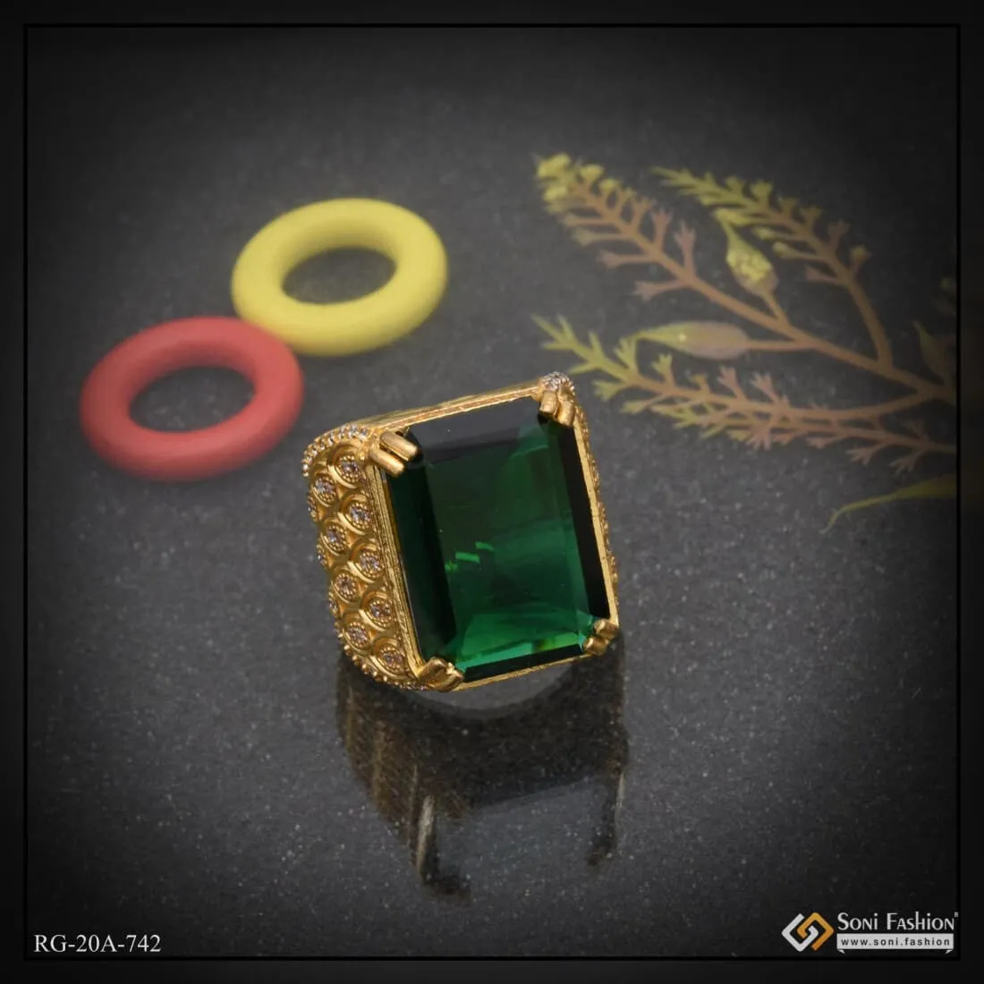 1 Gram Gold Forming - Green Stone Finely Detailed Design Ring for Men - Style A734