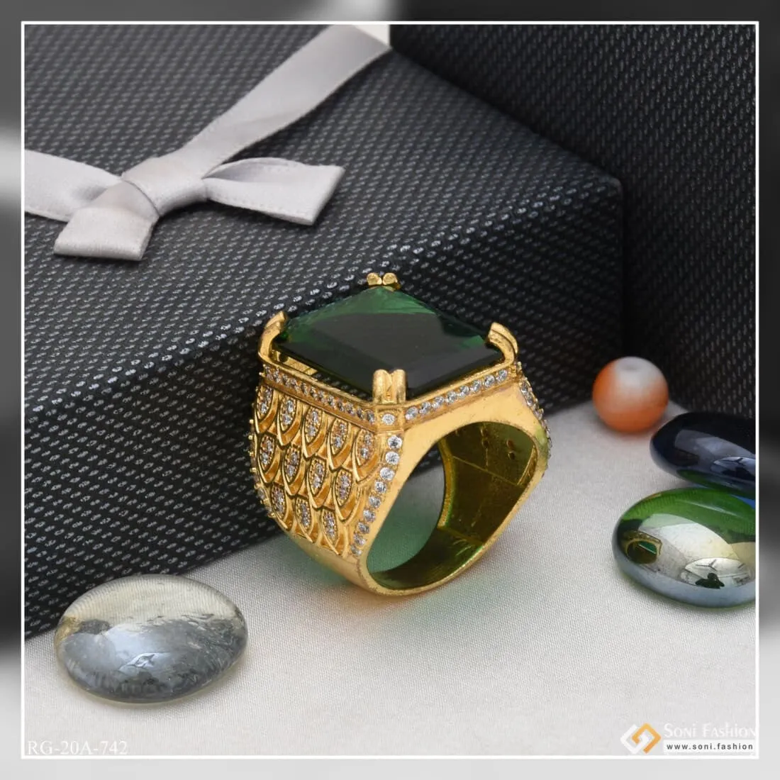 1 Gram Gold Forming - Green Stone Finely Detailed Design Ring for Men - Style A734