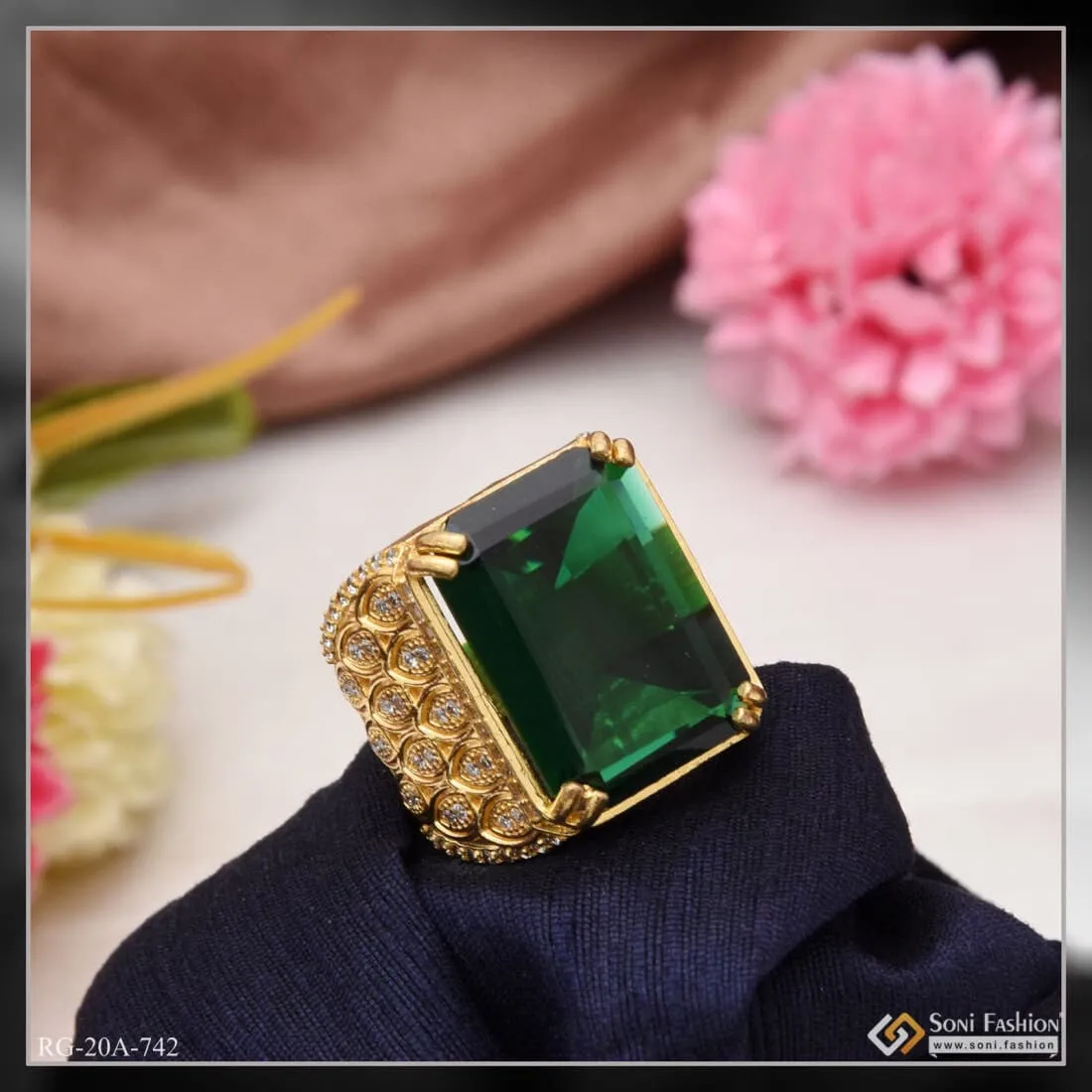 1 Gram Gold Forming - Green Stone Finely Detailed Design Ring for Men - Style A734