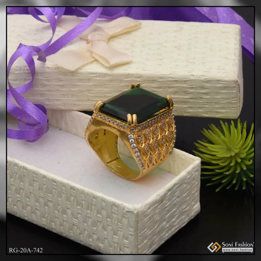 1 Gram Gold Forming - Green Stone Finely Detailed Design Ring for Men - Style A734