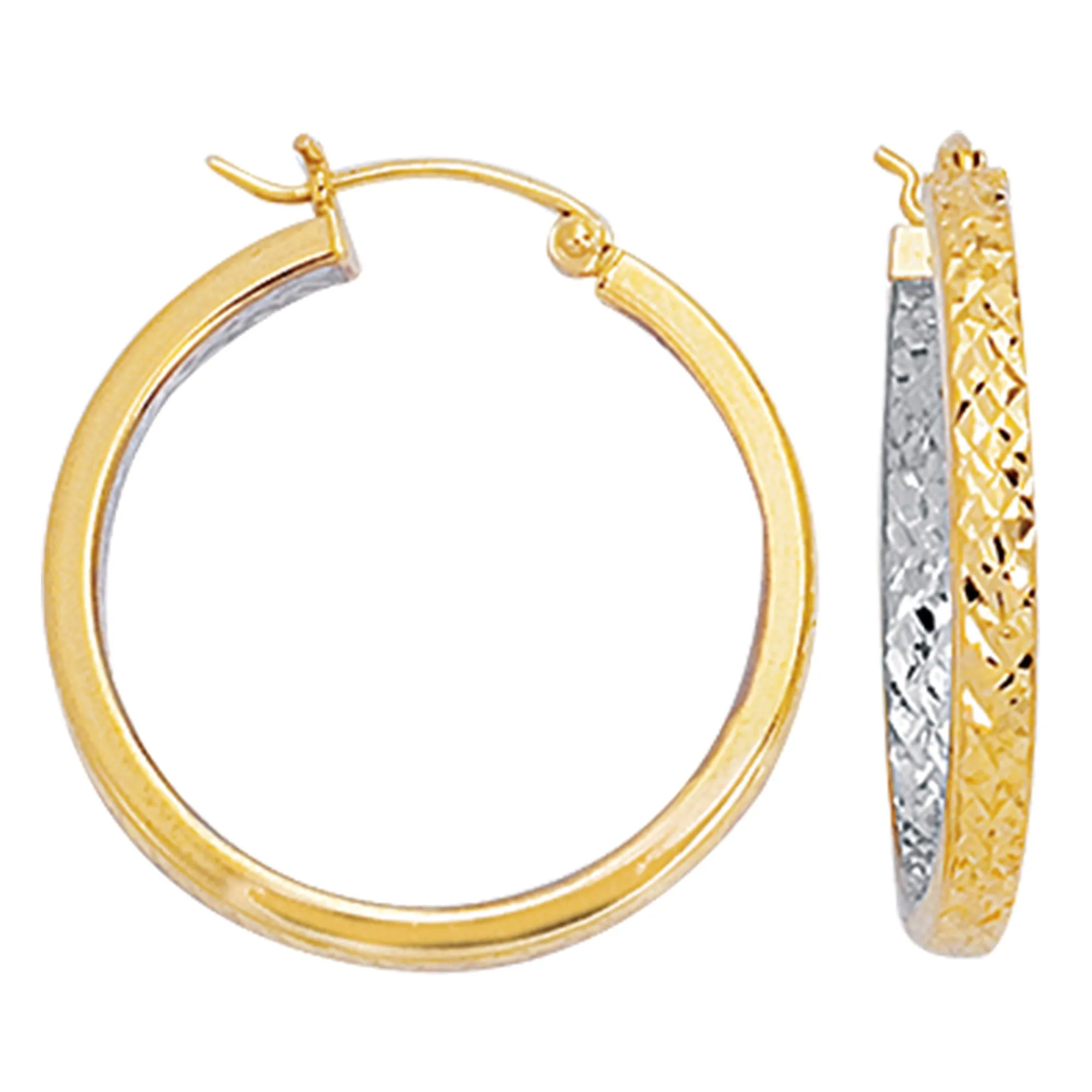 10k 2 Tone Yellow And White Diamond Cut Texture Round Hoop Earrings, Diameter 25mm