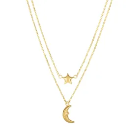 10K Yellow Gold Moon And Star Layered Pendant Necklace, 17"