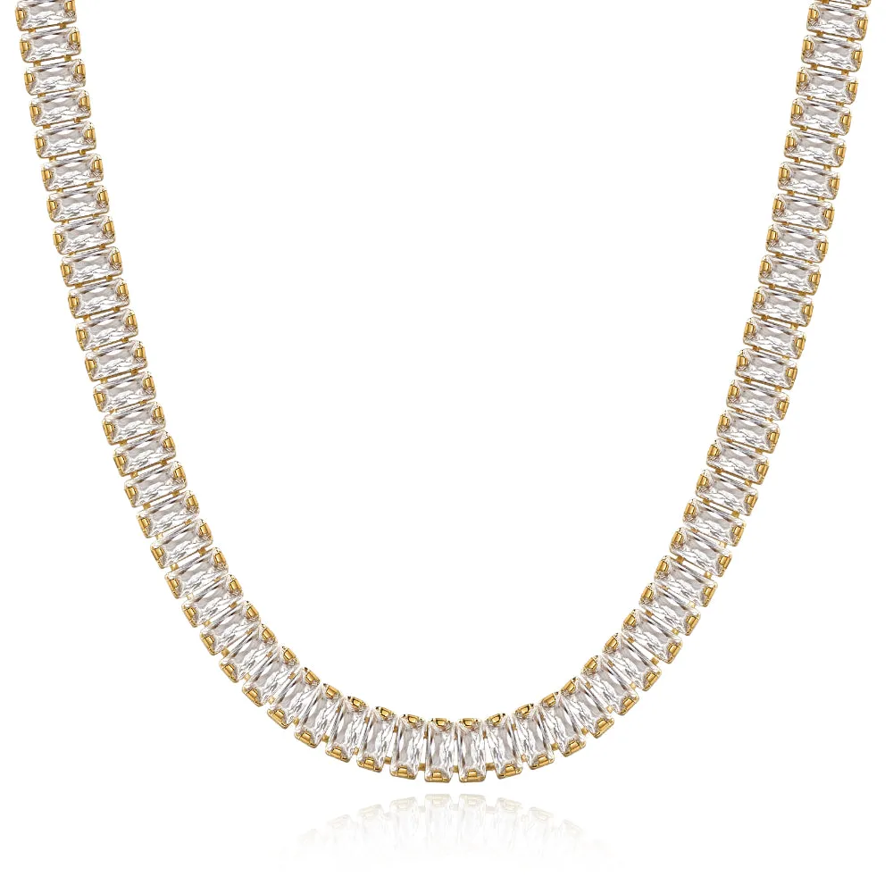 14K Gold Diamond Tennis Necklace CZ Baguette Tennis Chain- White Cubic Zirconia