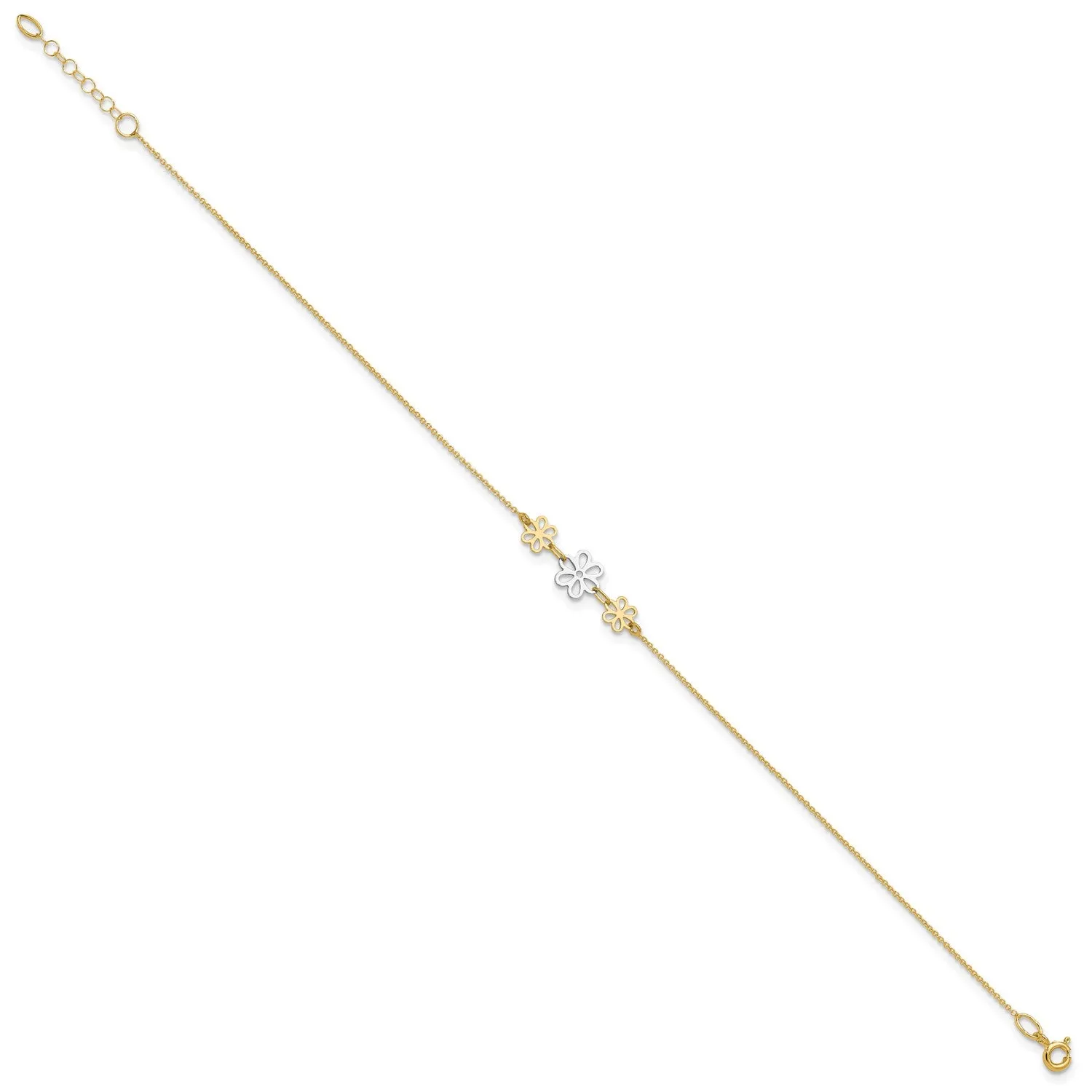 14k Real Two-tone Yellow Gold Three Flower Charm Adjustable Anklet, 9 Inches to 10 Inches