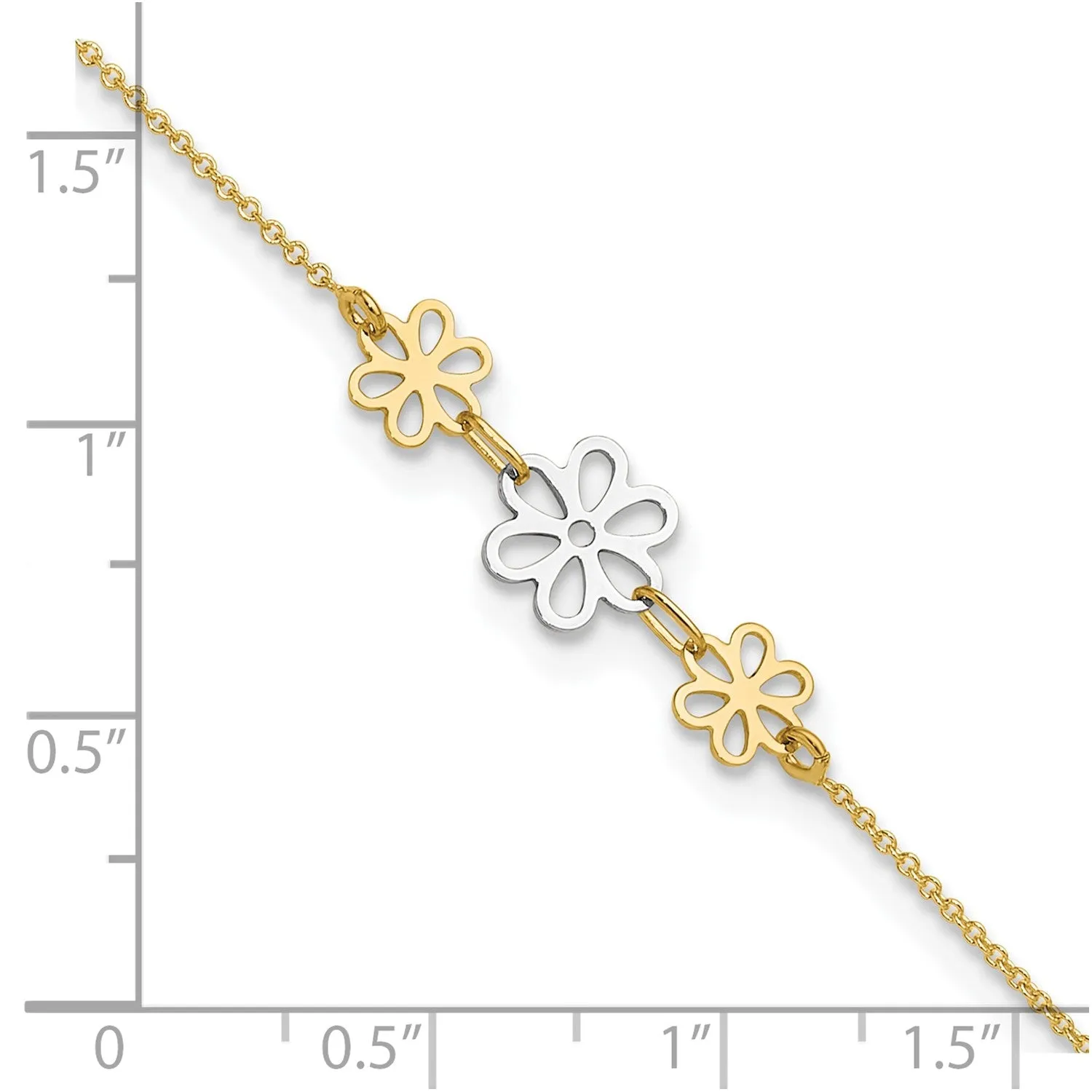 14k Real Two-tone Yellow Gold Three Flower Charm Adjustable Anklet, 9 Inches to 10 Inches