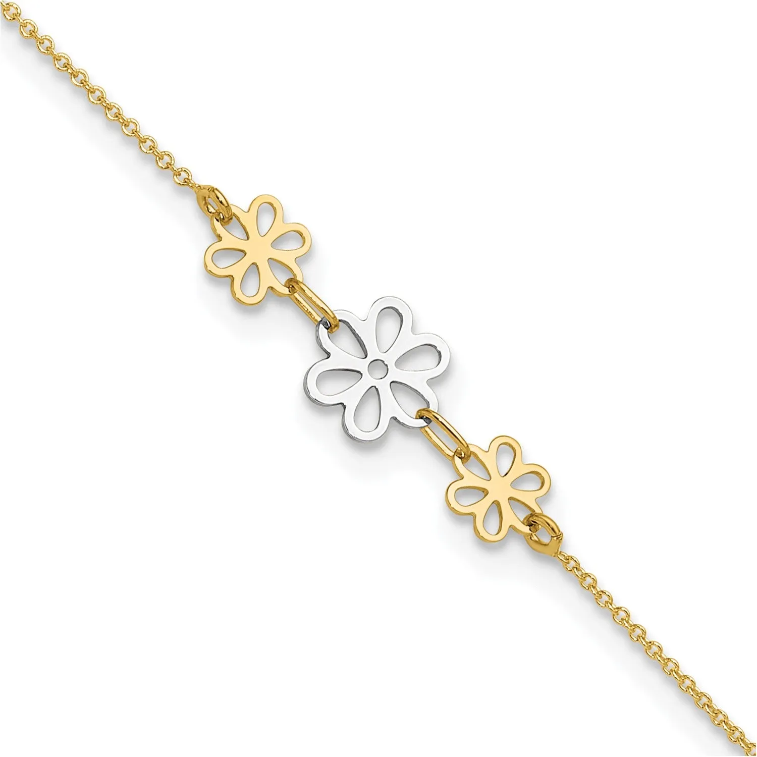 14k Real Two-tone Yellow Gold Three Flower Charm Adjustable Anklet, 9 Inches to 10 Inches