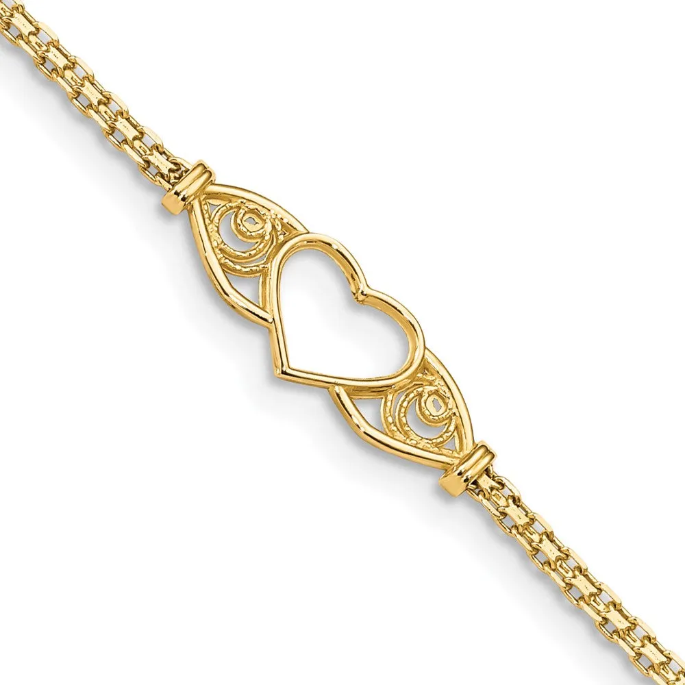 14k Real Yellow Gold High Polished Heart Charm Anklet, 10"