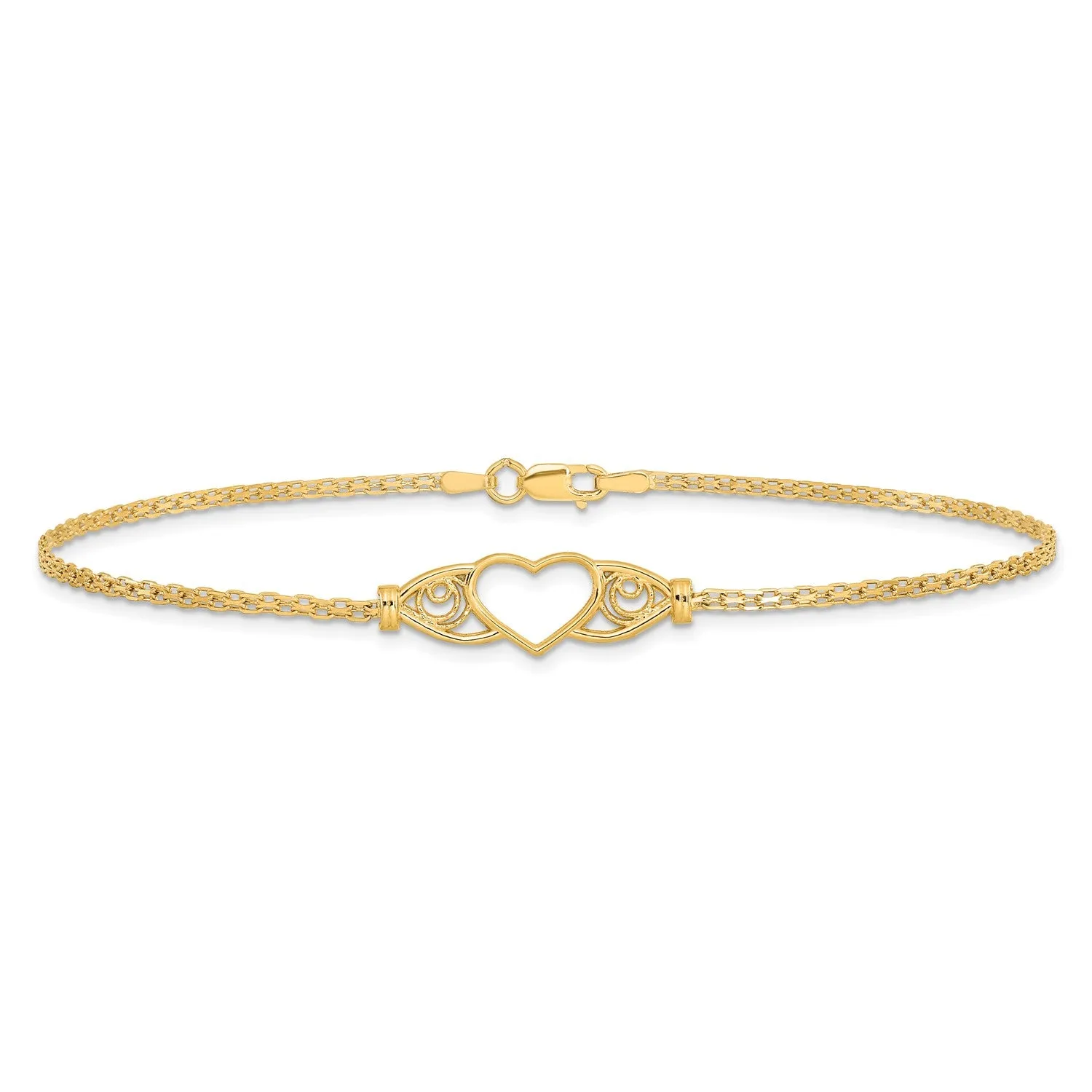 14k Real Yellow Gold High Polished Heart Charm Anklet, 10"