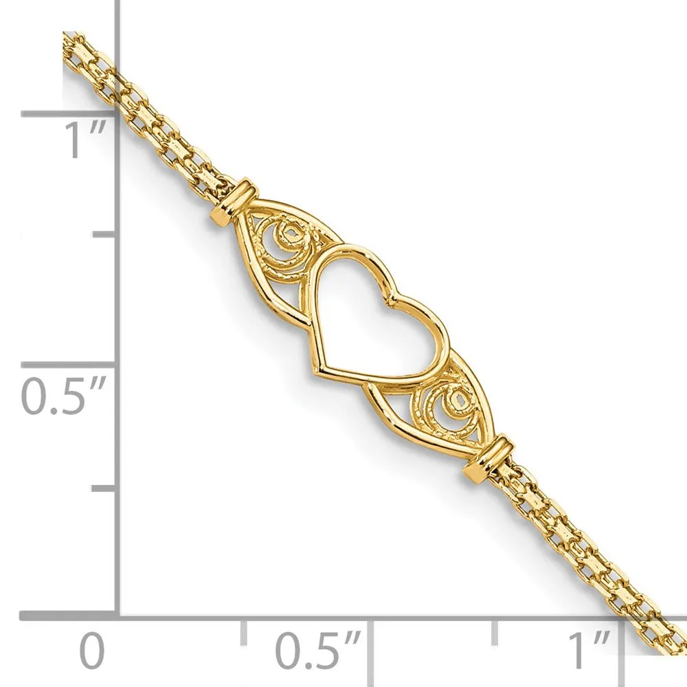 14k Real Yellow Gold High Polished Heart Charm Anklet, 10"