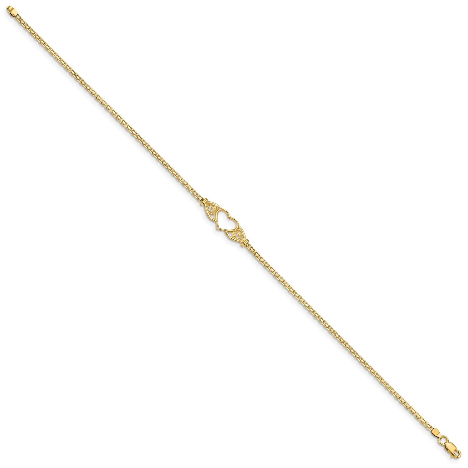 14k Real Yellow Gold High Polished Heart Charm Anklet, 10"