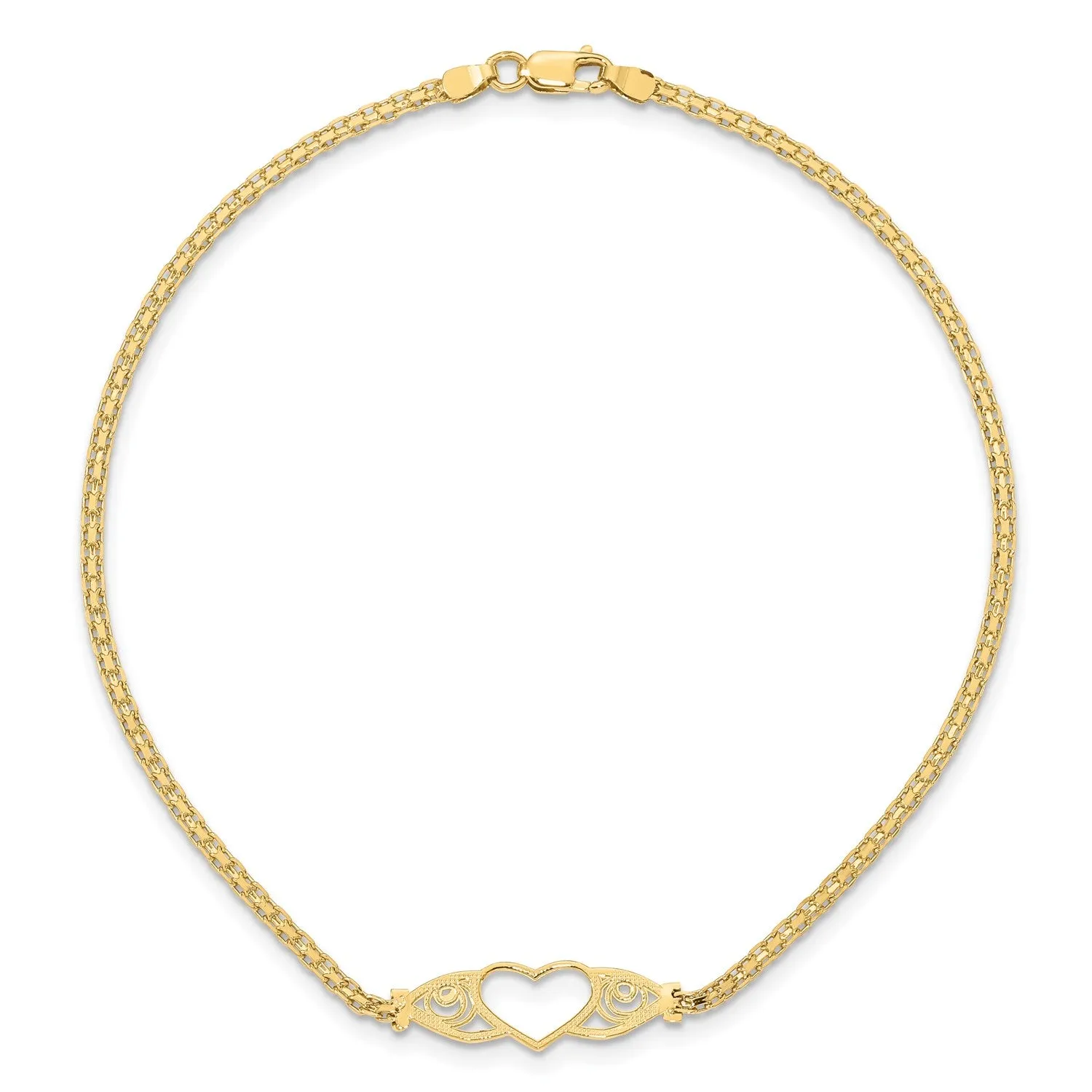 14k Real Yellow Gold High Polished Heart Charm Anklet, 10"