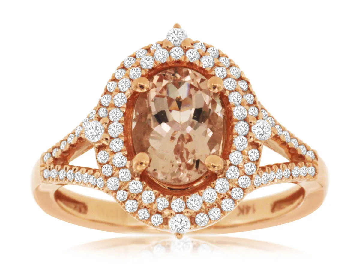 14K Rose Gold Morganite and Diamond Double Halo Ring