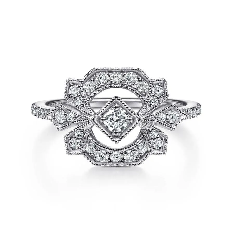 14K White Gold Art Deco Floral Diamond Ring