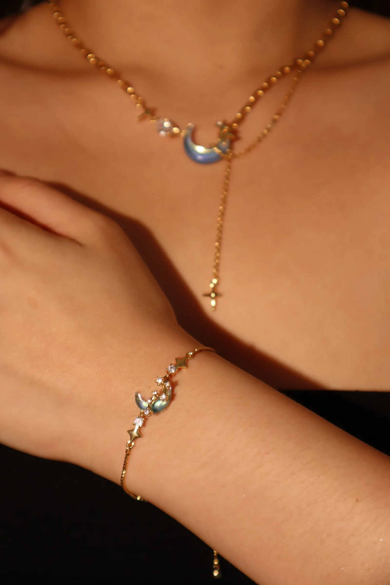 18K Real Gold Plated Moonstone Moon Star Bracelet