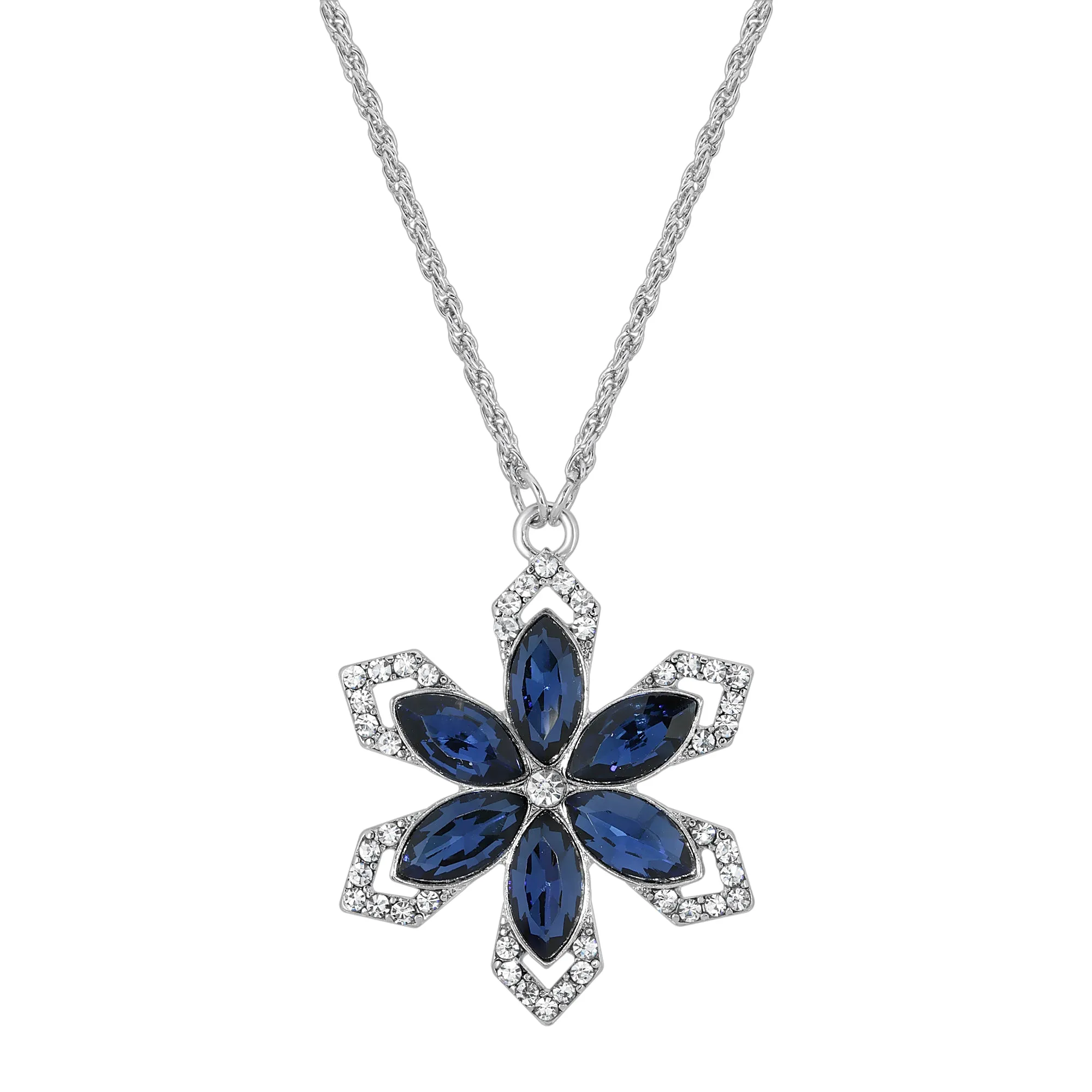 1928 Jewelry Crystal Sapphire Blue Stone Flower Pendant Necklace 16"   3" Extender