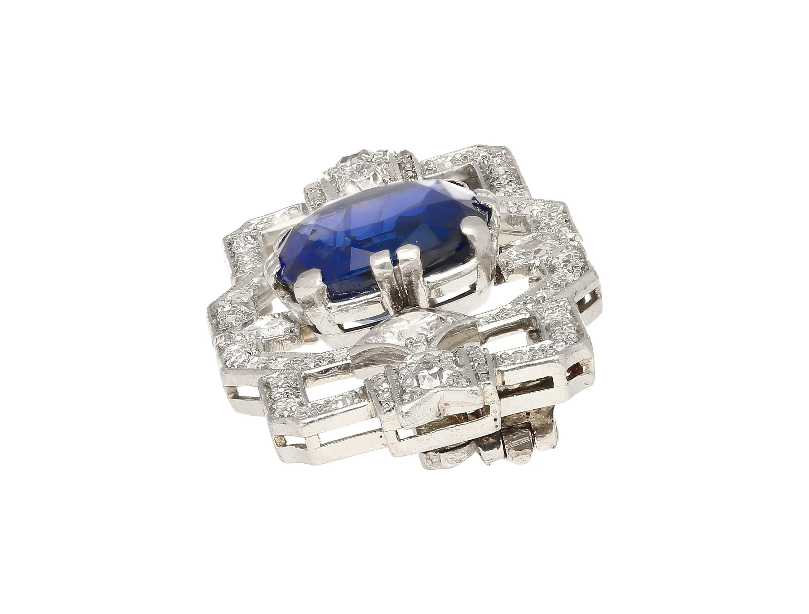 8.64 Carat AGL Certified Ceylon Cushion Cut Blue Sapphire and Diamond Brooch Pin