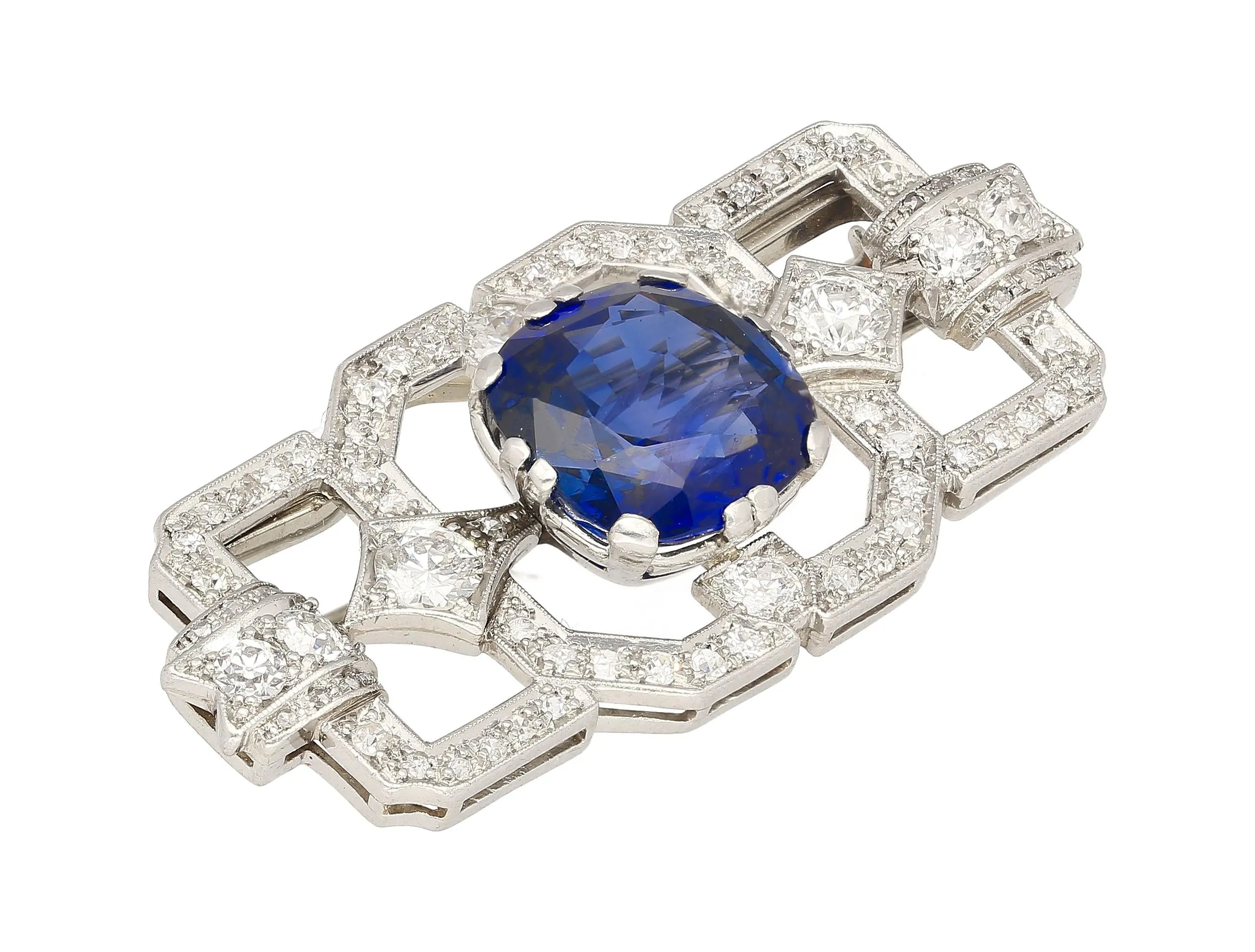 8.64 Carat AGL Certified Ceylon Cushion Cut Blue Sapphire and Diamond Brooch Pin