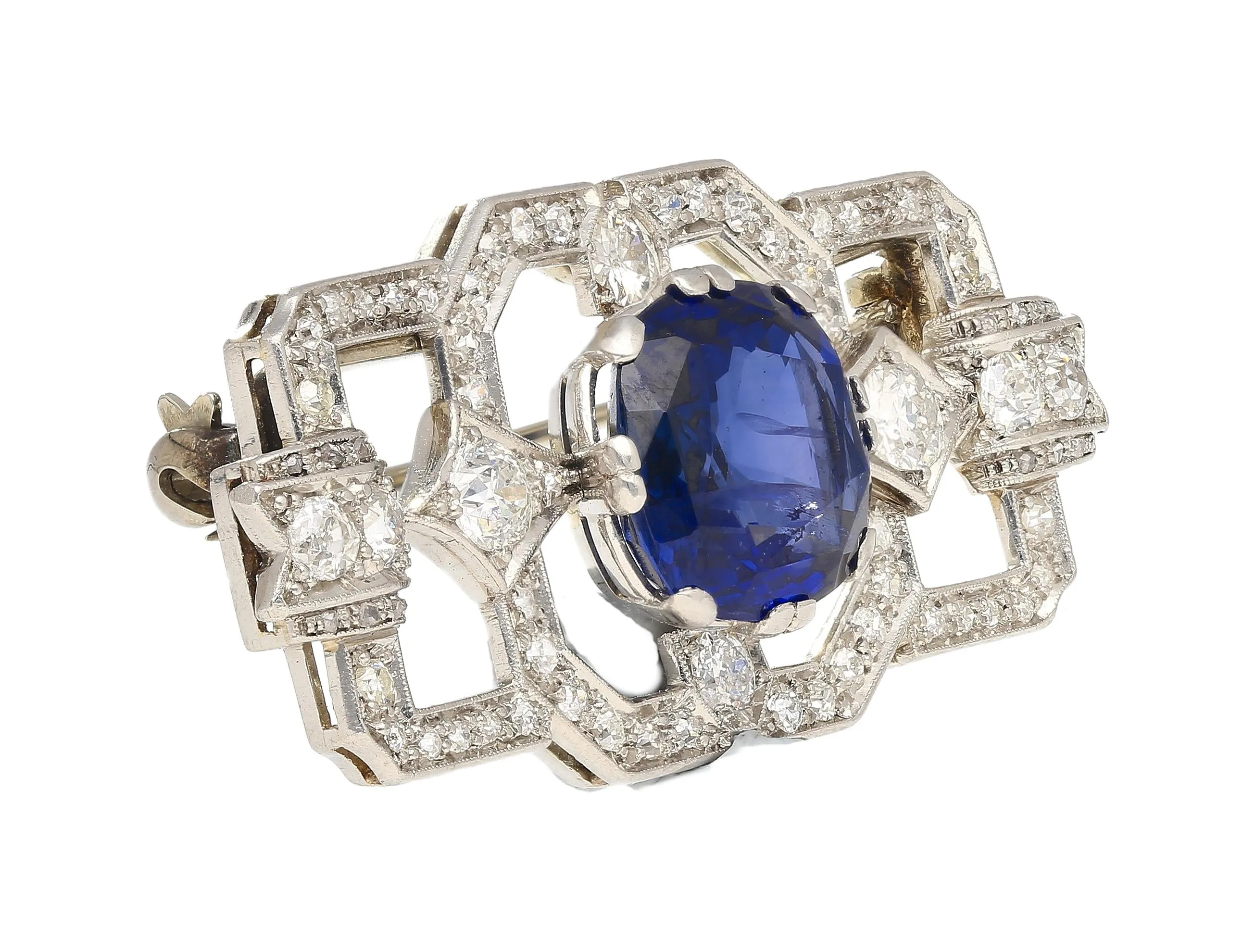 8.64 Carat AGL Certified Ceylon Cushion Cut Blue Sapphire and Diamond Brooch Pin