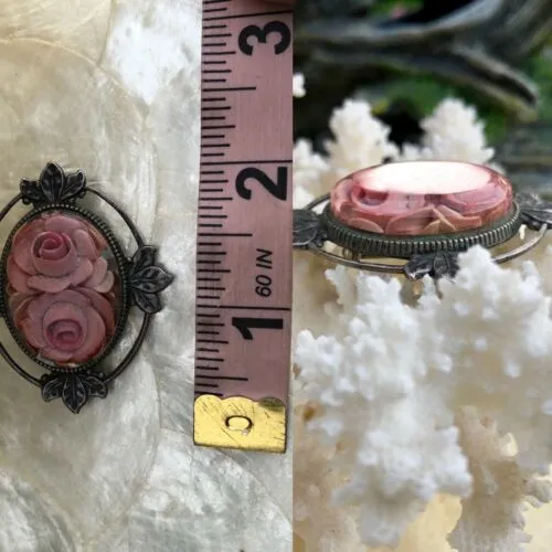 Antique Carved Pink Rose Flower Lucite Resin Silver Tone Brooch Pin