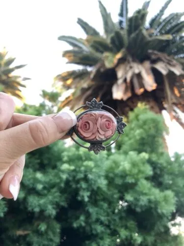 Antique Carved Pink Rose Flower Lucite Resin Silver Tone Brooch Pin