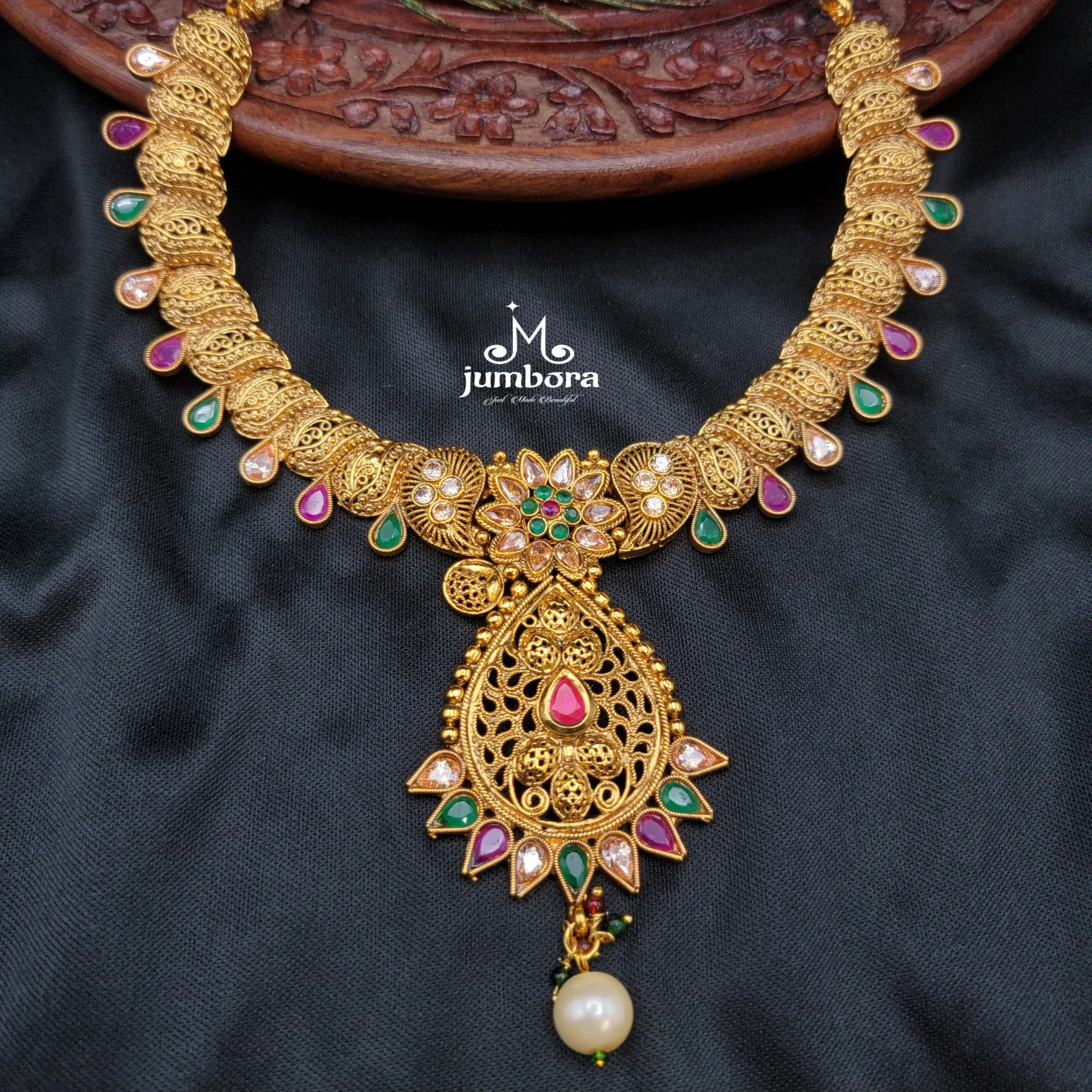 Antique Gold Multicolor Polki LCD AD Stone Necklace Set