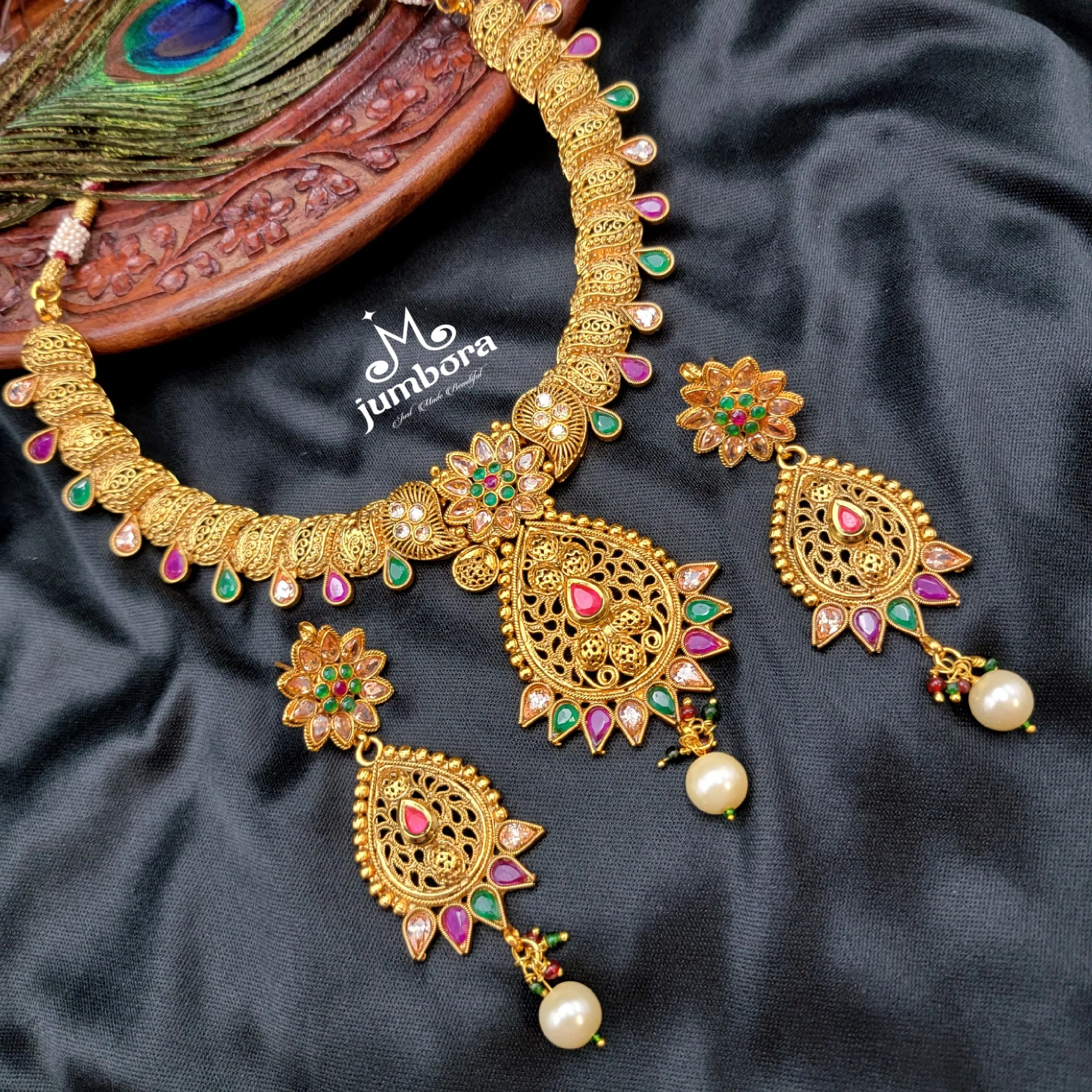 Antique Gold Multicolor Polki LCD AD Stone Necklace Set