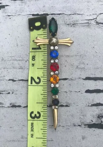 Antique Sterling Silver 925 Vermeil Gold Tone Jewel Multi Color Sword Pin Brooch