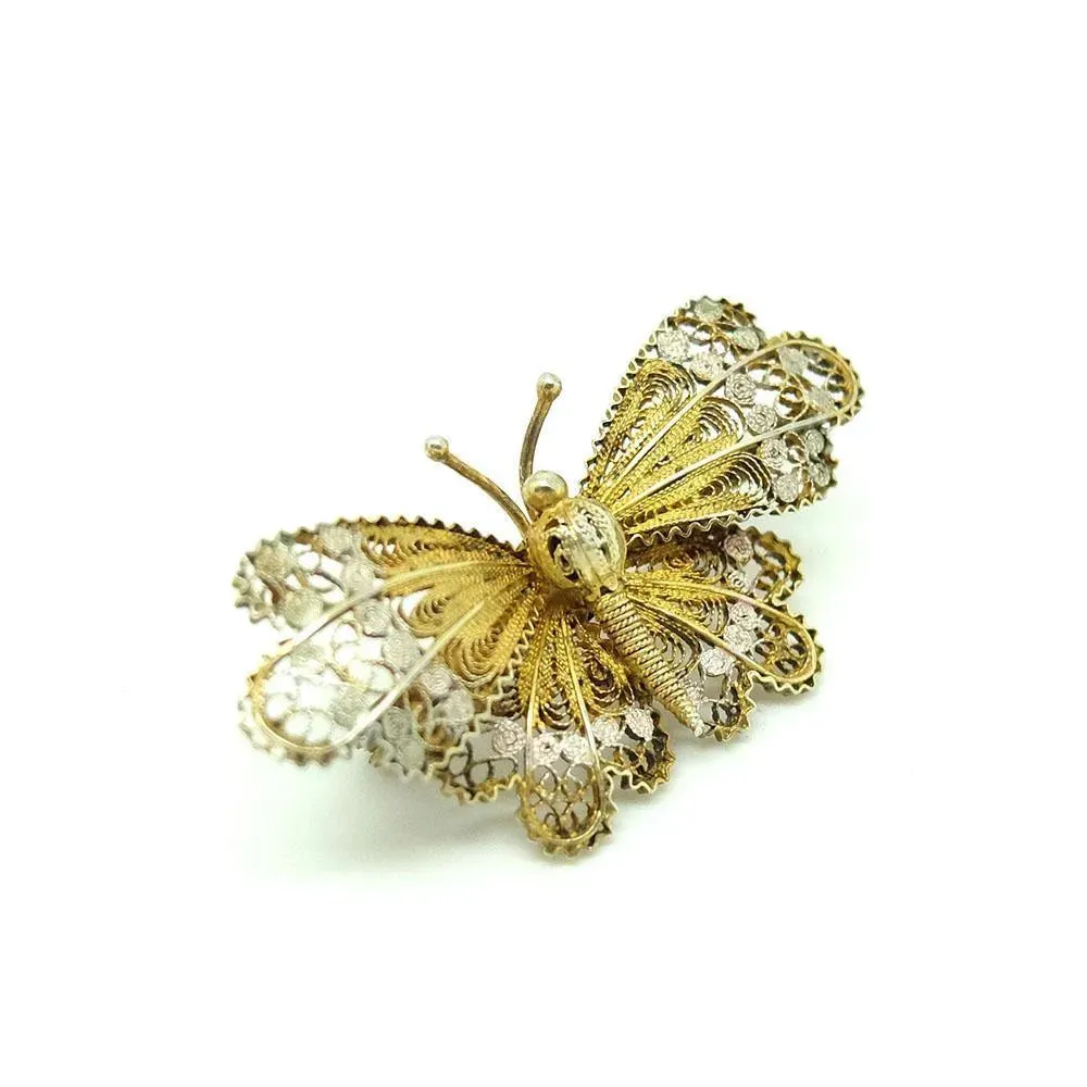 Antique Victorian Filigree Moth Butterfly Silver Gilt Brooch