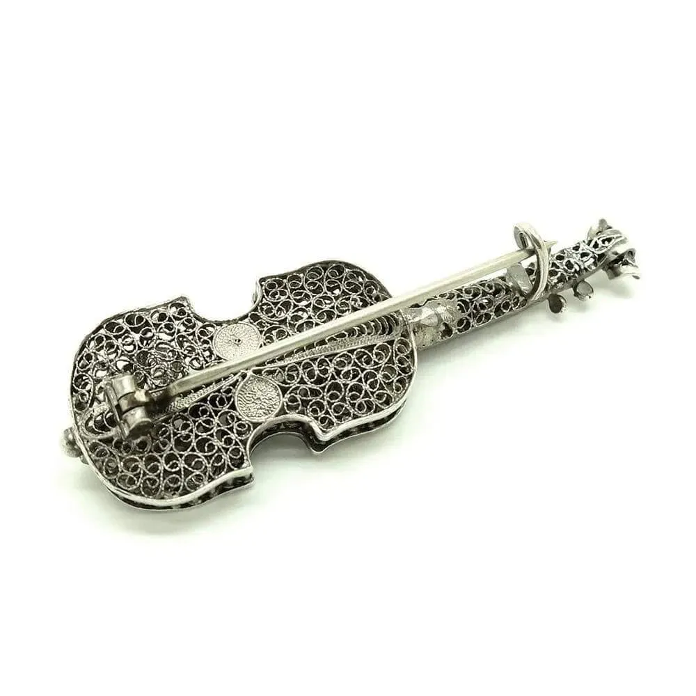 Antique Victorian Filigree Silver Viola / Violin Brooch