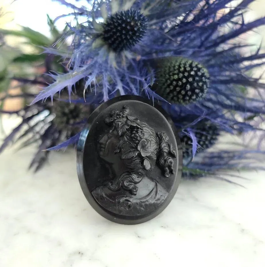 Antique Victorian Vulcanite Cameo Mourning Brooch