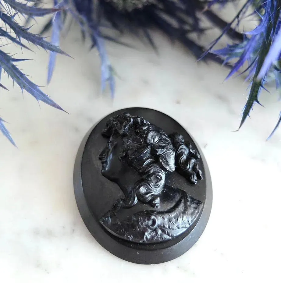 Antique Victorian Vulcanite Cameo Mourning Brooch