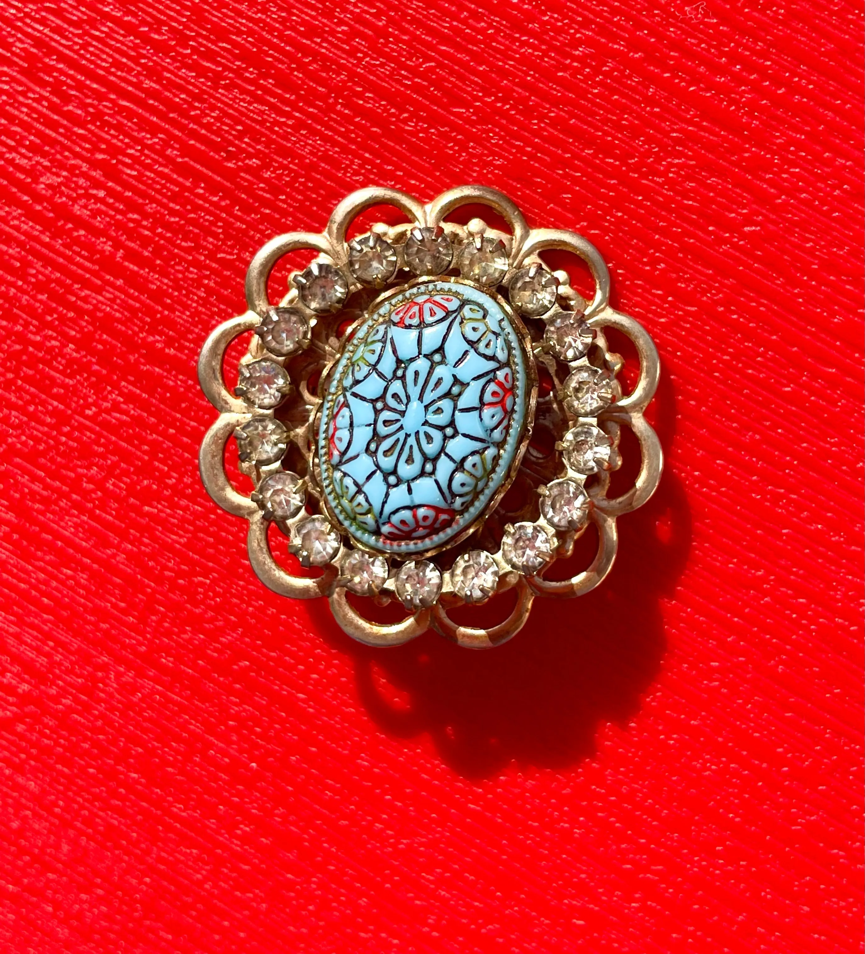 Antique Vintage Gold Tone Rhinestone Blue Carved Cabochon Bead Brooch Pin