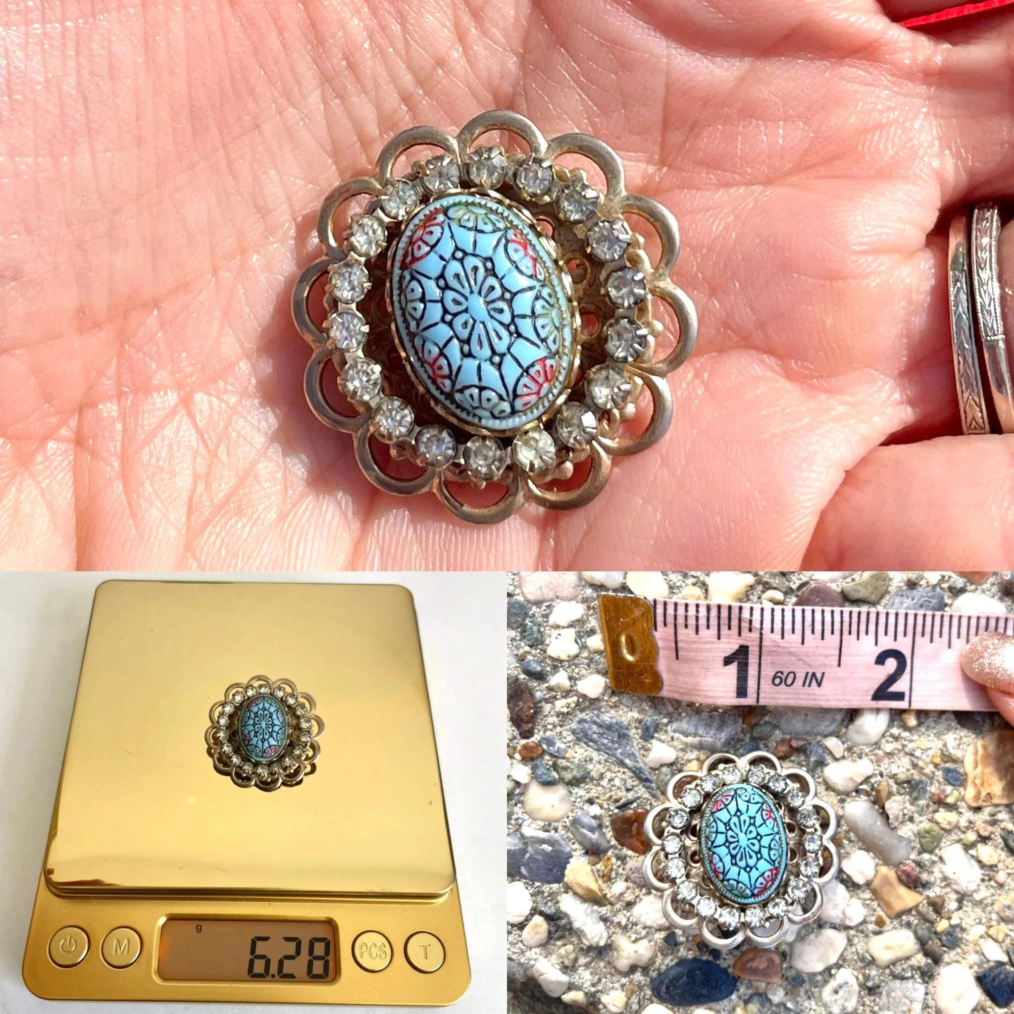 Antique Vintage Gold Tone Rhinestone Blue Carved Cabochon Bead Brooch Pin