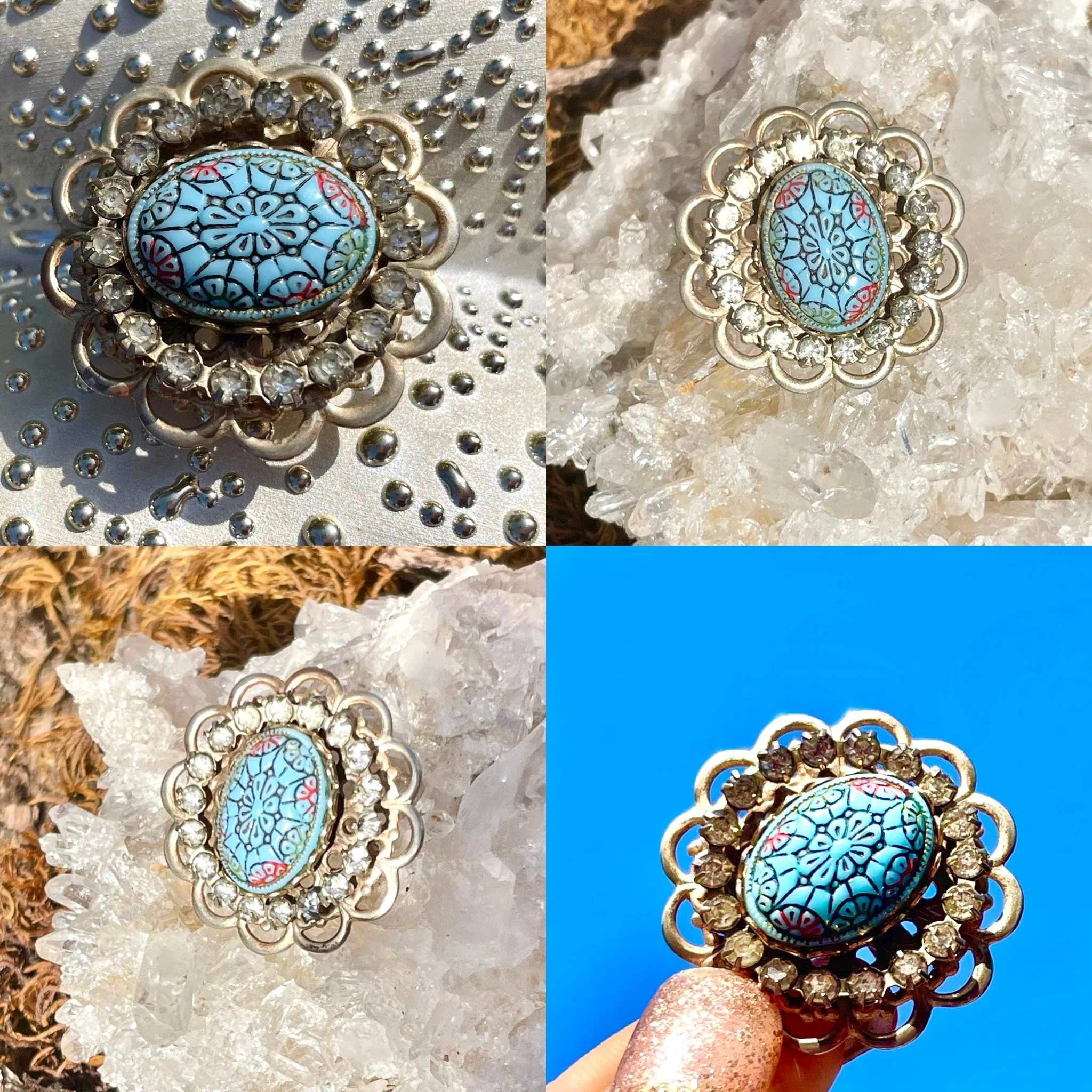 Antique Vintage Gold Tone Rhinestone Blue Carved Cabochon Bead Brooch Pin