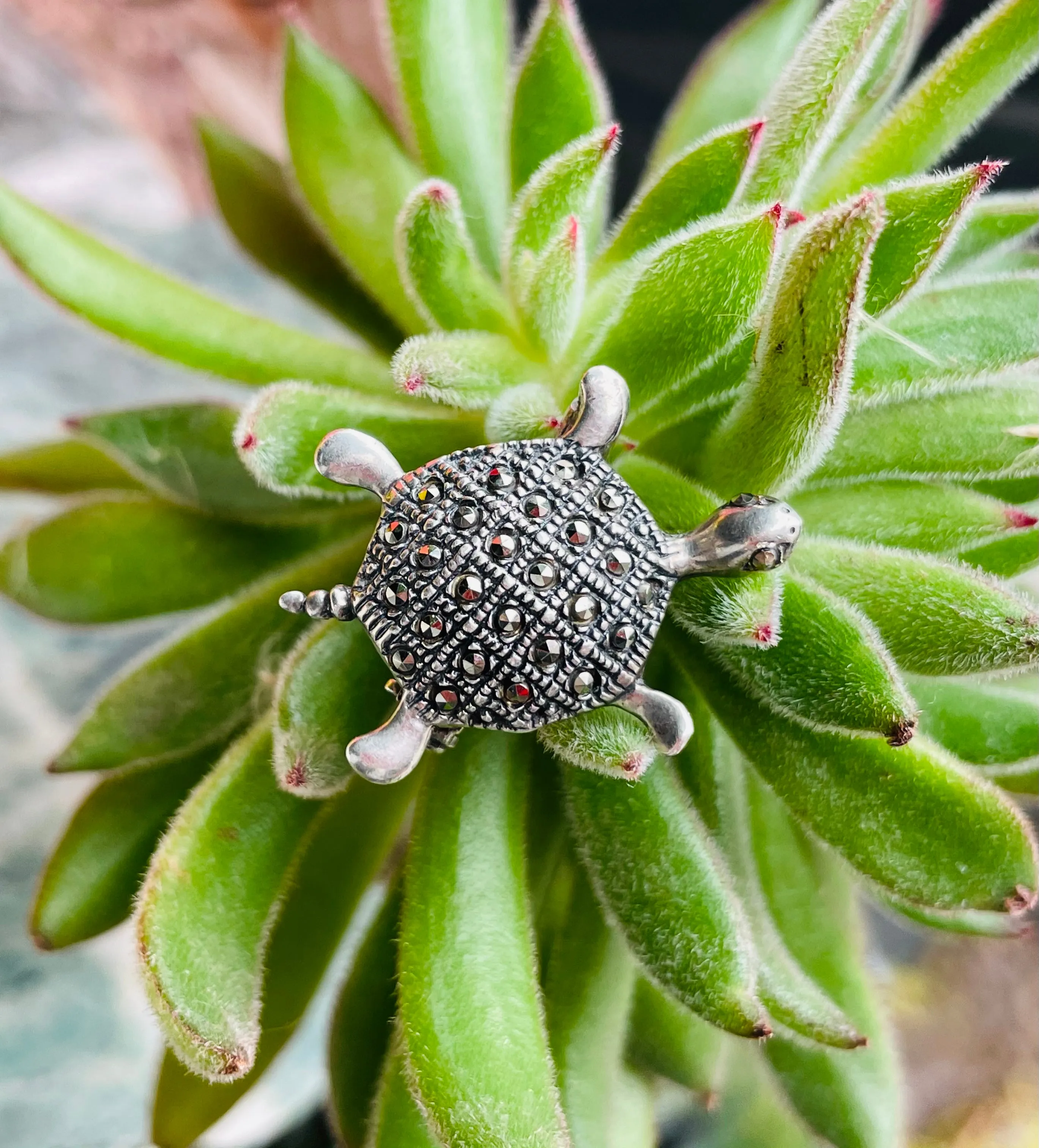 Art Deco Sterling Silver Signed 925 Marcasite Stone Cute Turtle Brooch Pin 3.4g