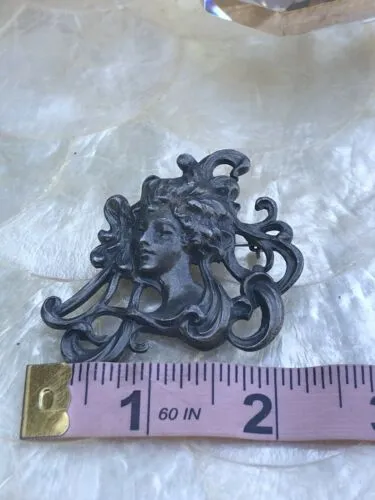 Art Nouveau Woman Antique Vintage Silver Tone Metal Art Belt Buckle