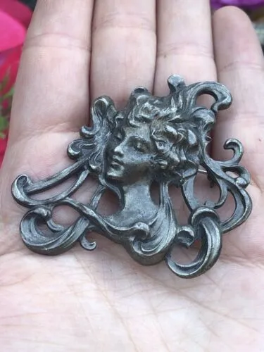 Art Nouveau Woman Antique Vintage Silver Tone Metal Art Belt Buckle