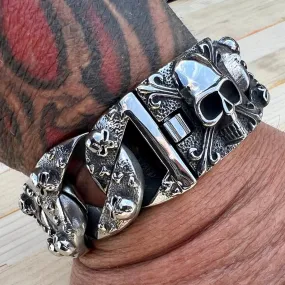 Bagger Bracelet - Skull & Crossbones - Silver - 1.25" Wide - The Classic - B50