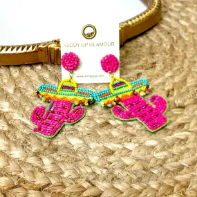 Beaded Cactus Earrings with a Sombrero in Pink