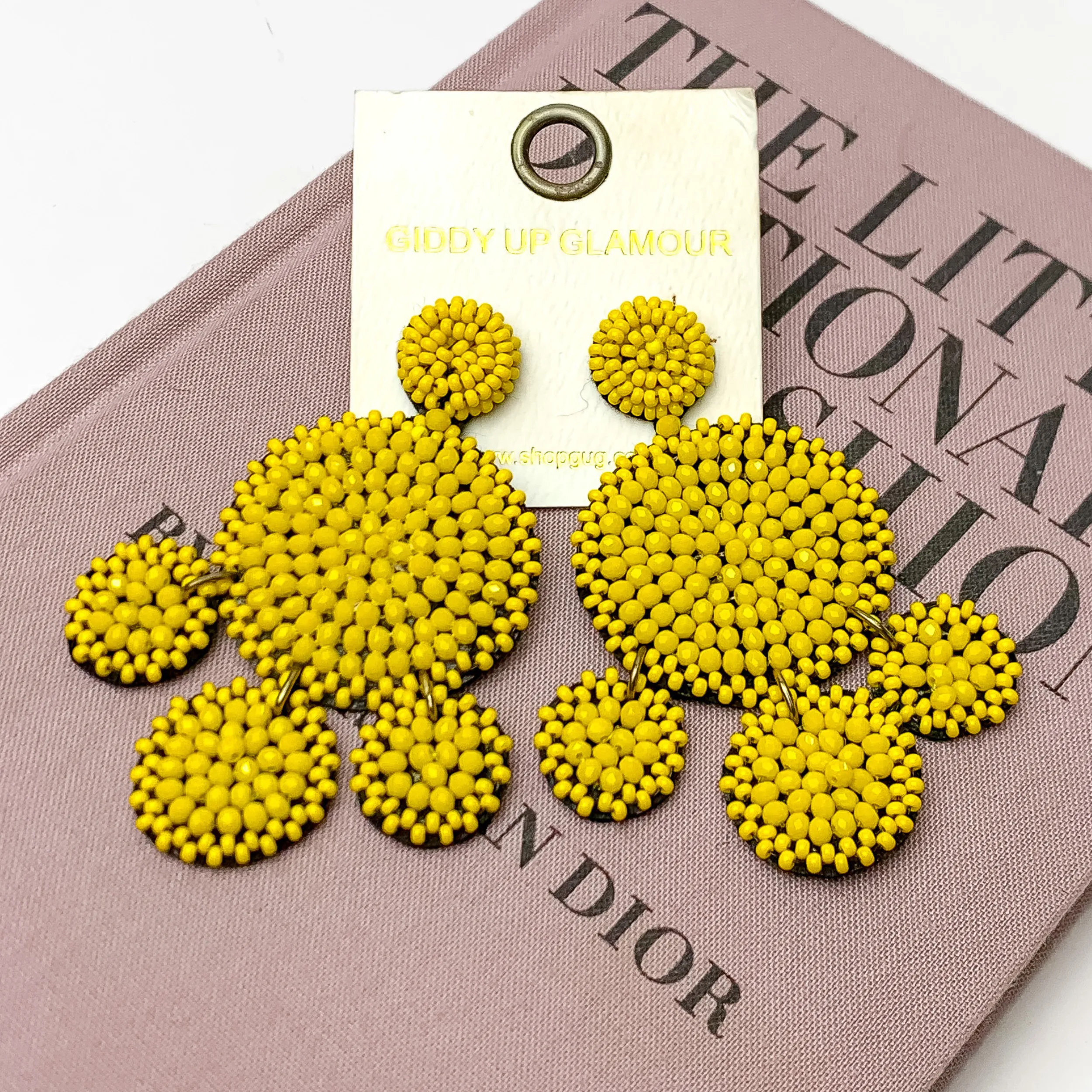 Beaded Circle Drop Statement Earrings in Yellow