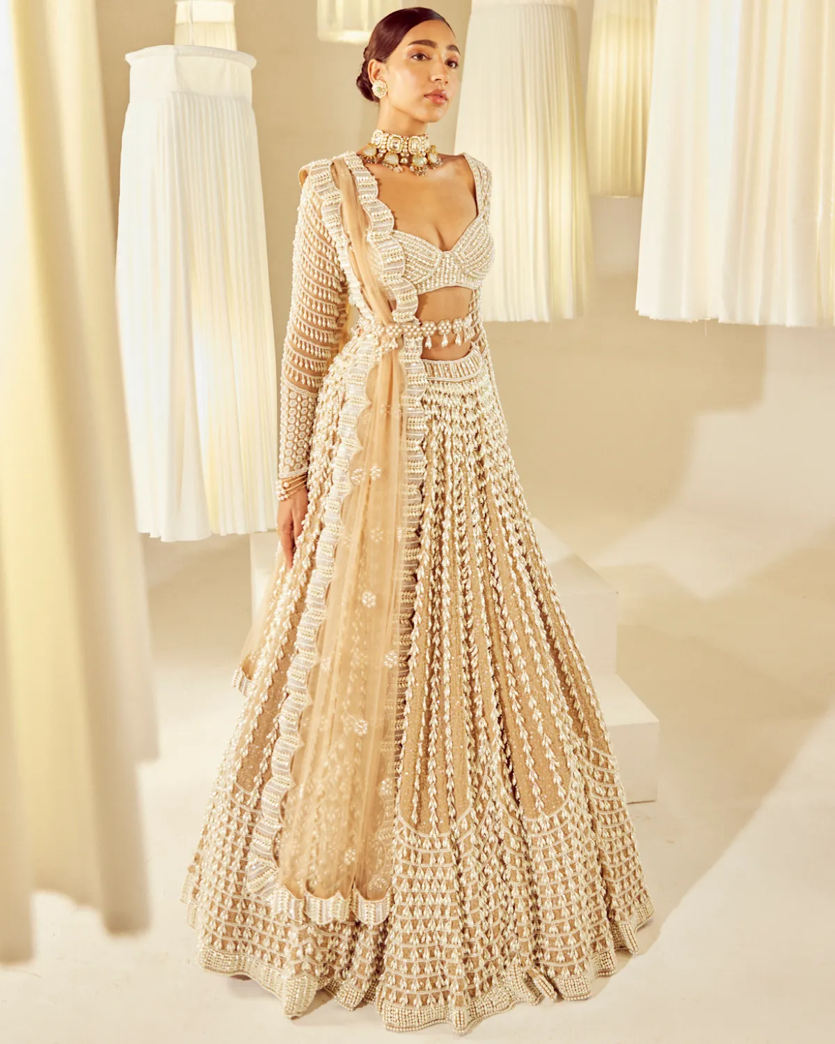 Beige Chandelier Pearl Embellished Lehenga Set