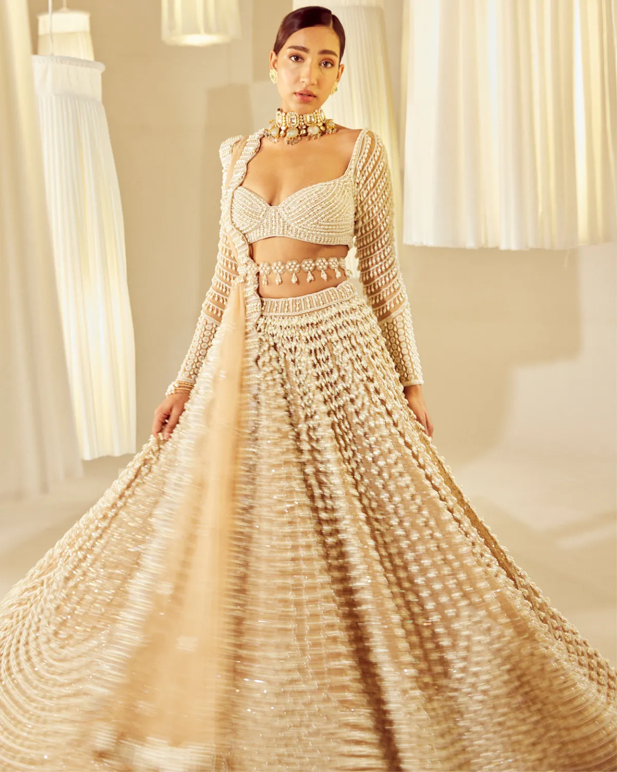 Beige Chandelier Pearl Embellished Lehenga Set