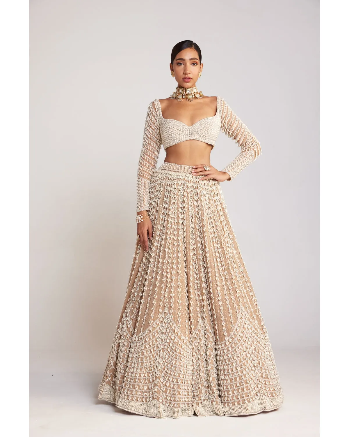 Beige Chandelier Pearl Embellished Lehenga Set