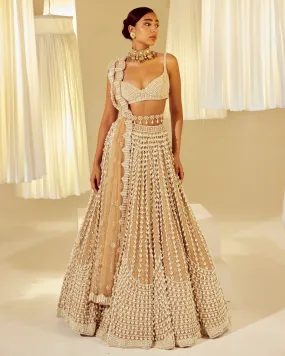 Beige Linear And Scallop Pearl Detail Lehenga Set