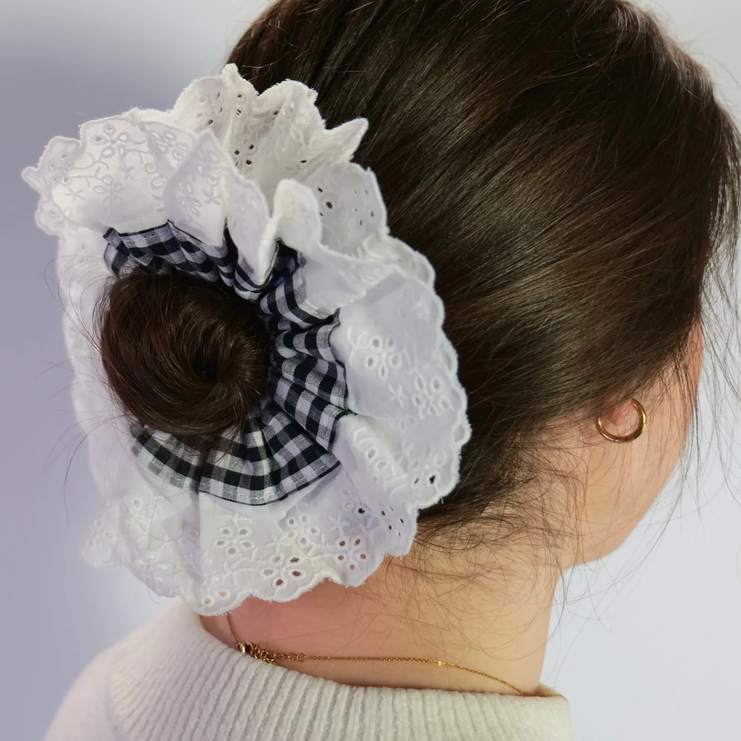 Black Gingham & Lace Scrunchie