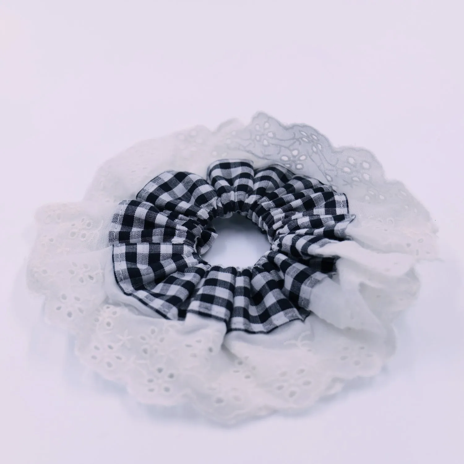 Black Gingham & Lace Scrunchie