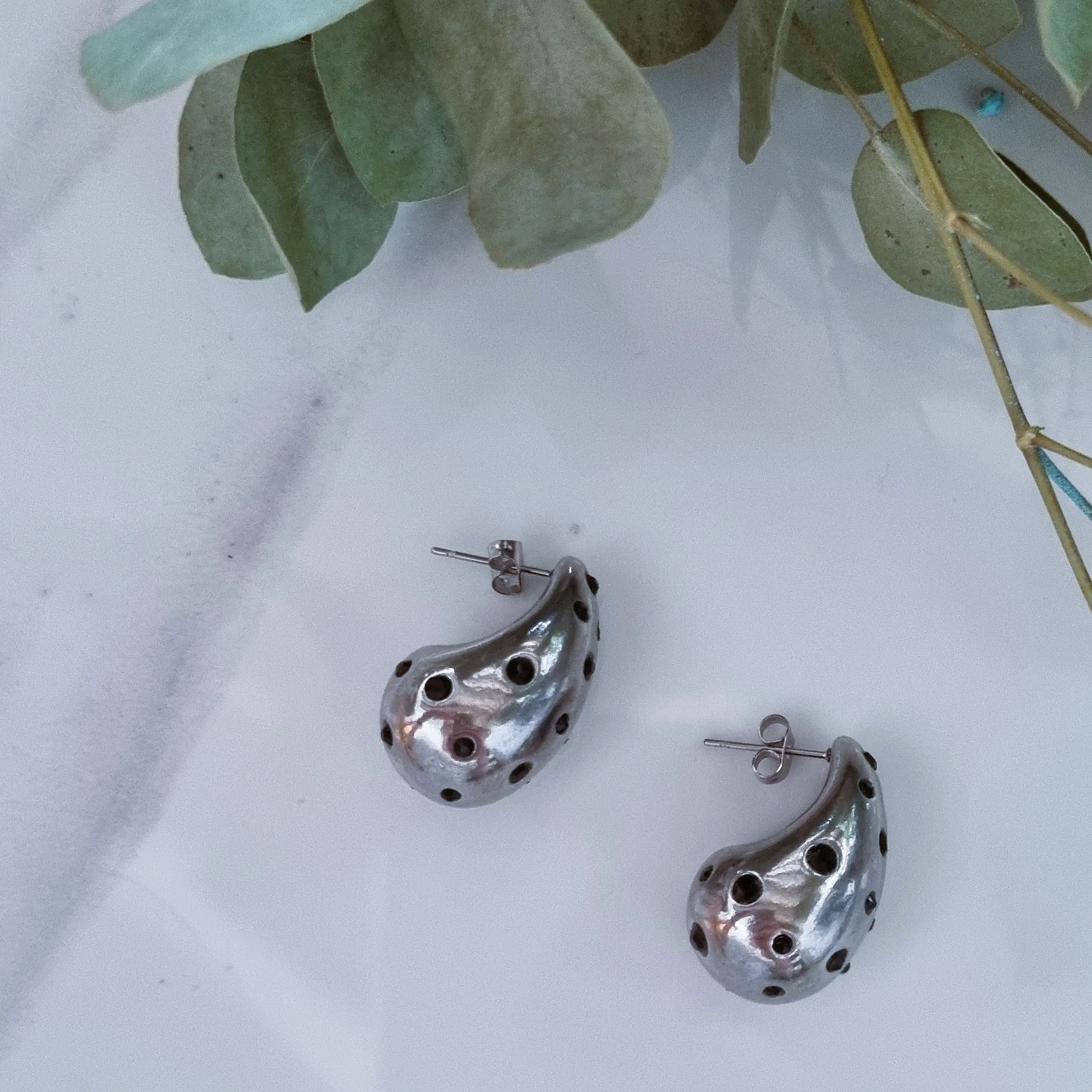 Black on silver drop earrings