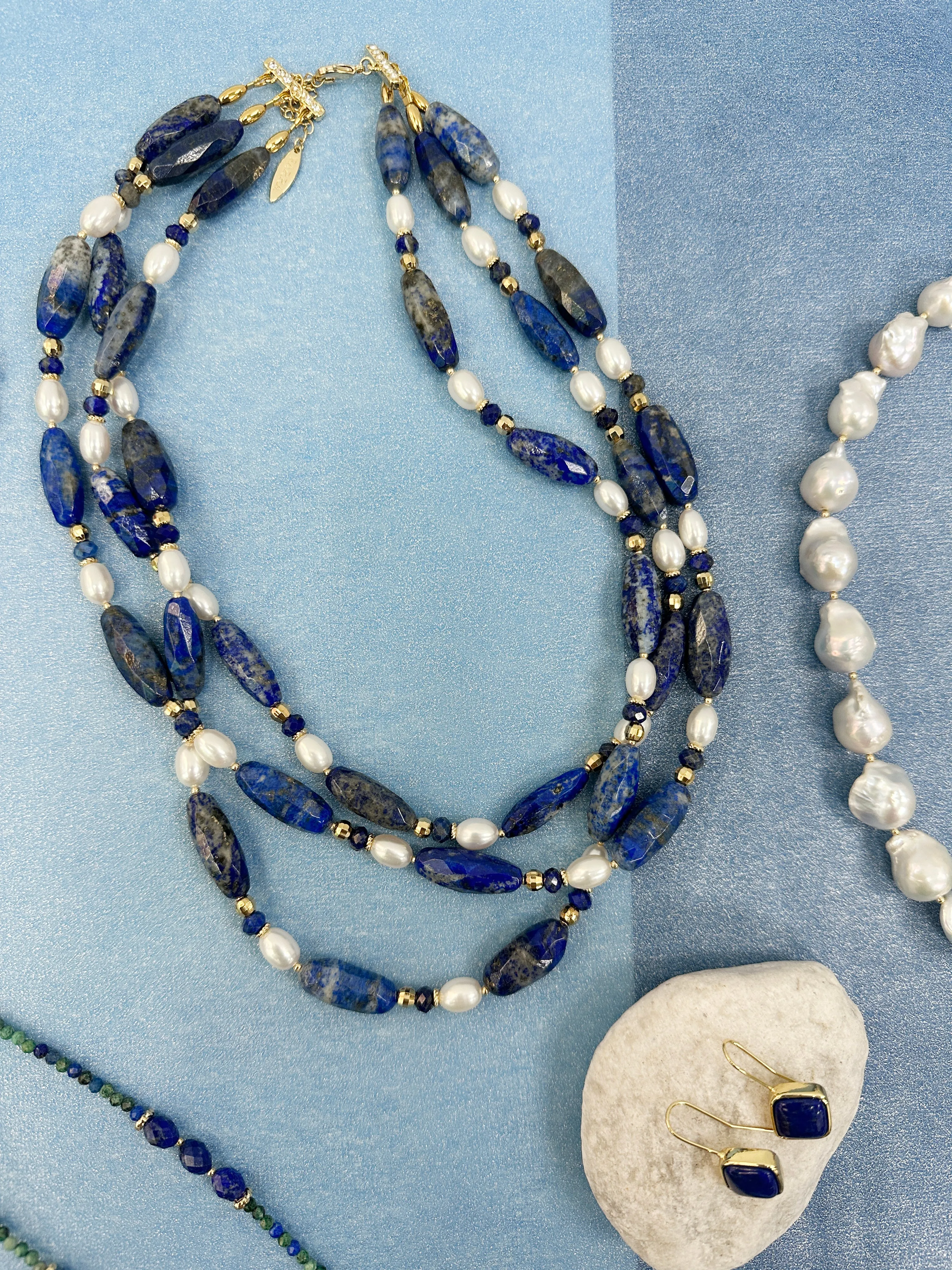 Blue Lapis with Freshwater Pearls Multi-Layers Necklace LN040