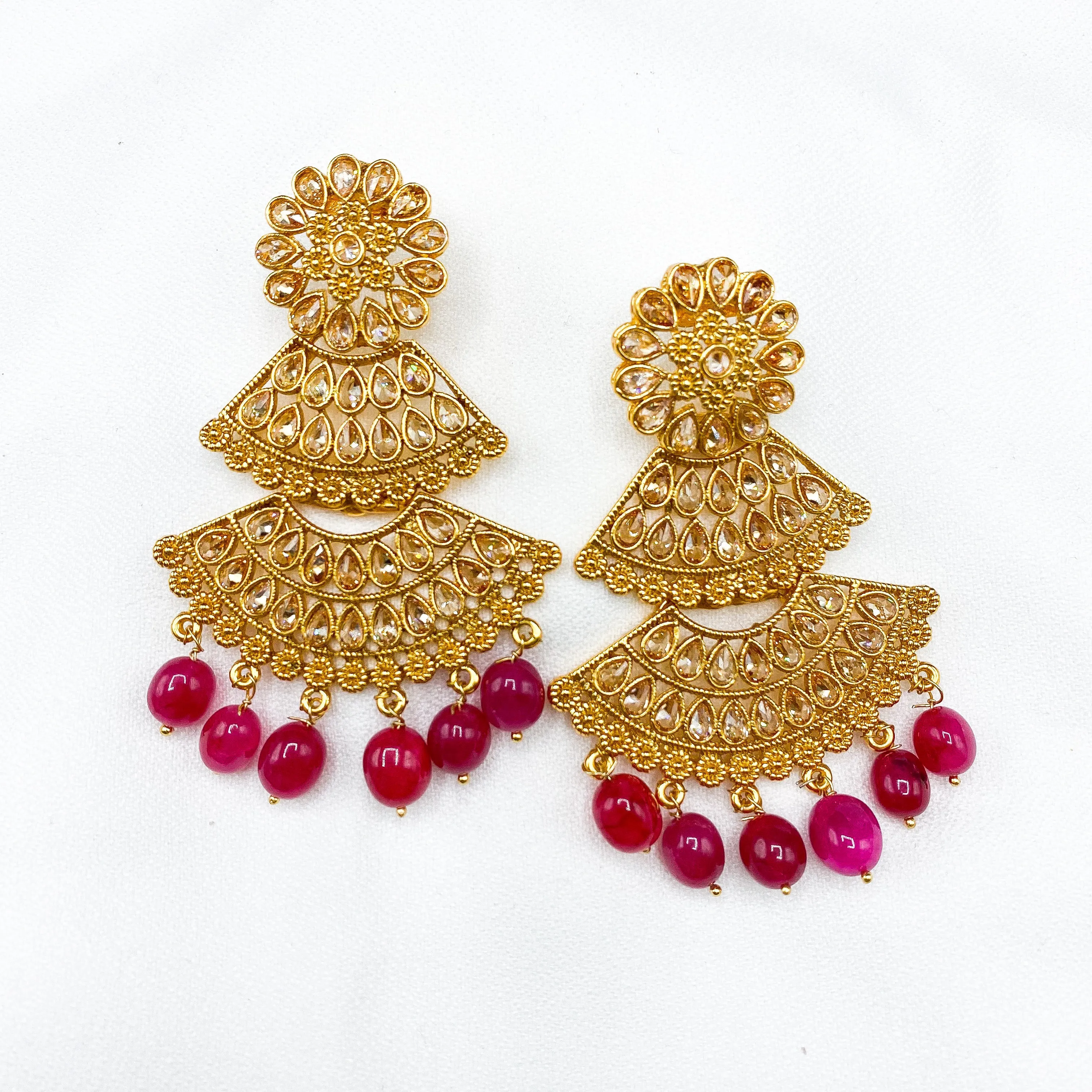 Bold and Beautiful Long Antique Earring with Champagne stones and Ruby beads