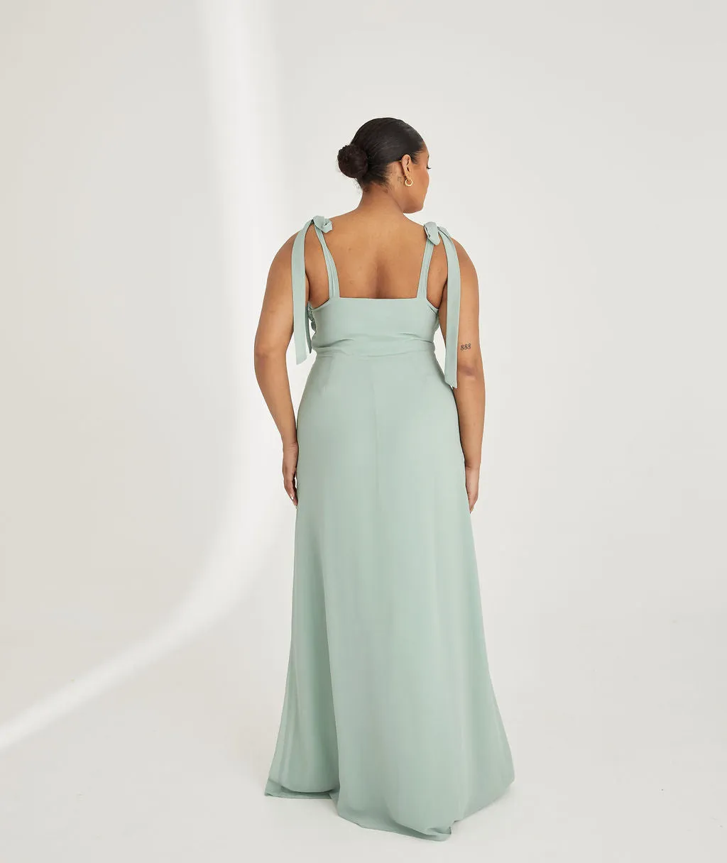 Bow Tie Shoulder Chiffon Bridesmaid Dress - Sage